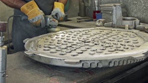 Klumpen der Hände eines Arbeiters beim Polieren eines Metallgussteils mit einer Schleifmaschine