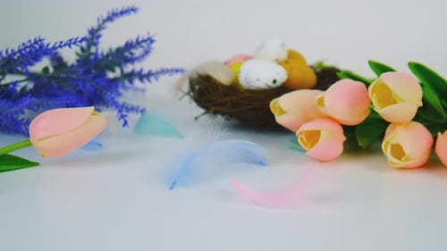 Festive Springtime Easter Display of Tulips and Eggs