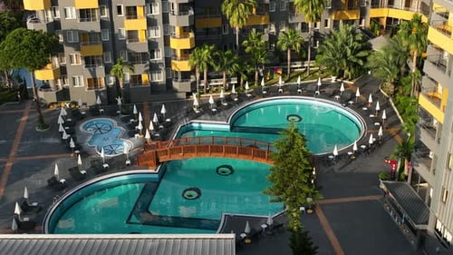 Hotels pool on the beach aerial view Turkey Alanya 4 K