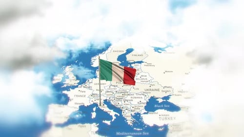 Waving Italian Flag Over Europe Map Animation