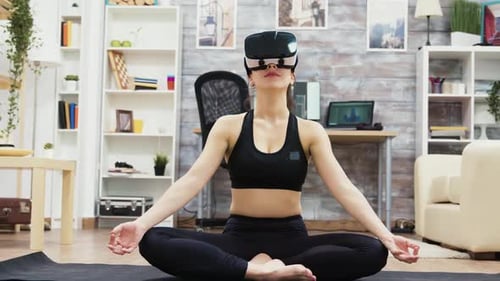 Woman Meditating with VR Headset in Living Room