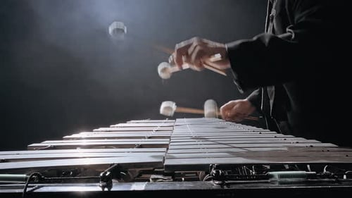 Performer plays xylophone on dark stage