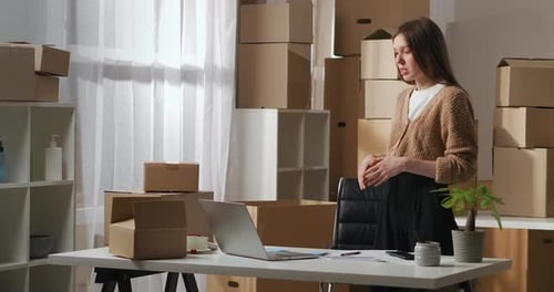 Online Meeting of Partners By Video Chat in Laptop Woman Is Speaking From Warehouse with Many of