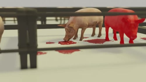 3D Animation of Pigs Transforming Red with Blood Splatters