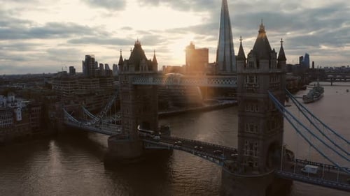 Aerial View to the Beautiful Tower Bridge and the Skyline of London