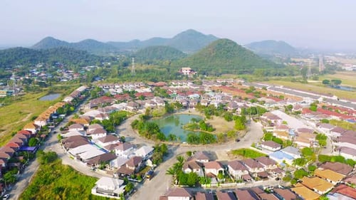 Aerial view of residential neighborhood. Urban housing development from above