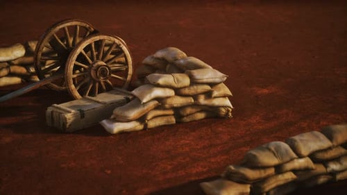 Historic Battlefield Sandbags and Wagon Wheel Scene