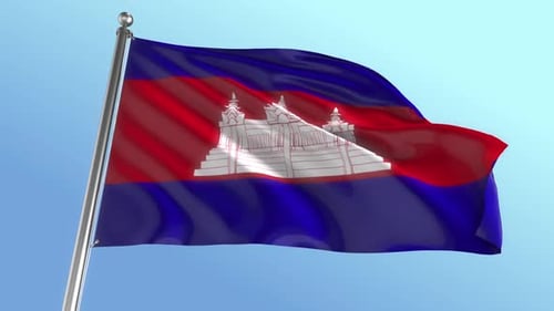 Cambodia National Flag Waving Proudly Against Blue Sky