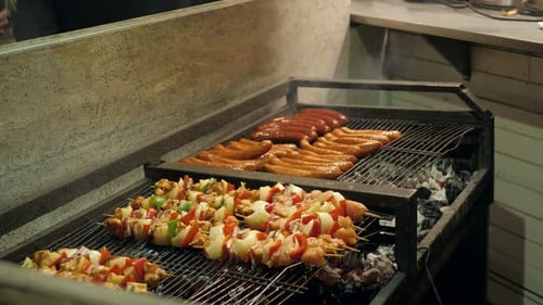 Steak Barbecues Cooking Grilling in Street Market in Prague Barbecue Grill with Various Kinds of