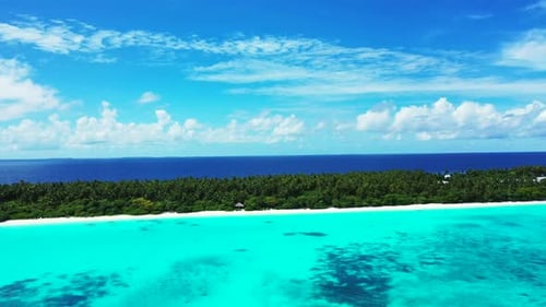 Aerial top view tourism of relaxing shore beach journey by blue sea with white sandy background of a