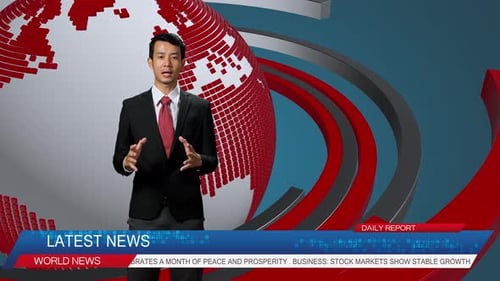 Live News Studio With Asian Professional Male Anchor Reporting On The Events Of The Day