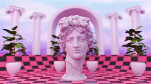 Classical Bust in Surreal Vaporwave Aesthetic Scene