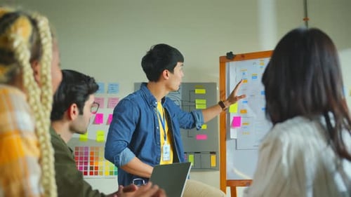 Meeting of UX developer and UI designer brainstorming about mobile app interface