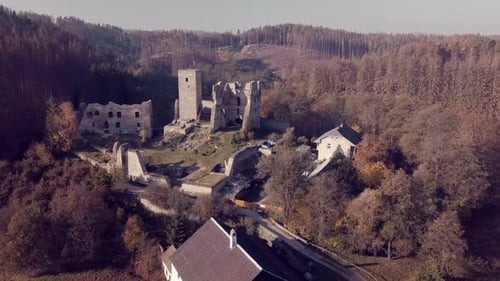 aerial view castle ruins Rokstejn