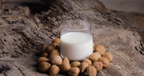 Close up of Milks of almonds on rotating platform