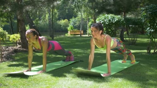 Slim Fitness Women Doing Plank Exercise in Park