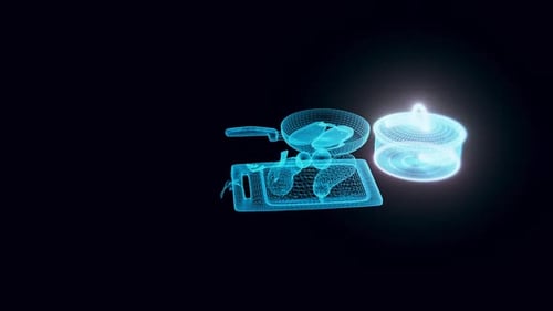 Futuristic Holographic Wireframe Animation of Cooking and Food Items