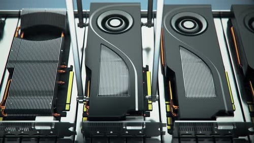 Cartes graphiques sur une chaîne de montage. Fabrication automatisée de GPU en usine. 4k