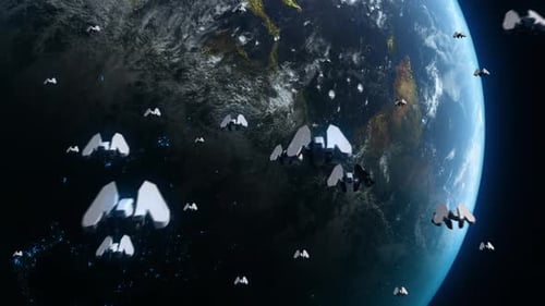Futuristic Spaceships Orbiting Earth in Dark Space