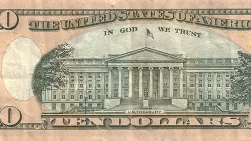 Mouvement de gros plan de 10 USD. Dix dollars américains en espèces, vue macro, arrière-plan