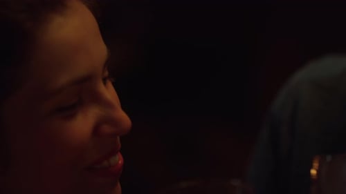 Smiling Woman Talking With Friend Inside At Night