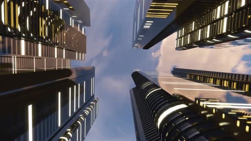 Render 3D de una ciudad brillante abstracta con rascacielos. Formas simples de edificios