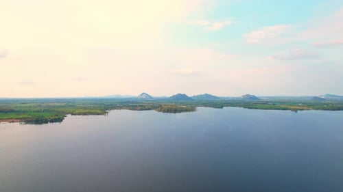 4K Aerial view drone fly over Water reservoir in the countryside of Thailand.