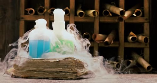 Mysterious Alchemical Vials With Smoke on Ancient Book
