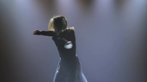 Modern Contemporary Ballet, Contemp. Flexible Woman Performs Acrobatic Choreography Under Spotlights