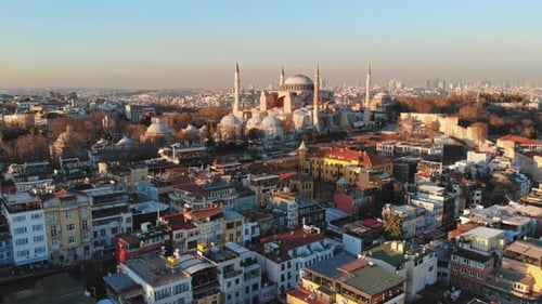 Evening Aerial Panorama of Istanbul Overlooking Hagia Sophia.