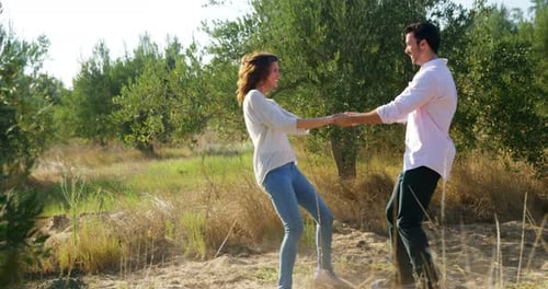 Romantic couple embracing each other in olive farm 4k