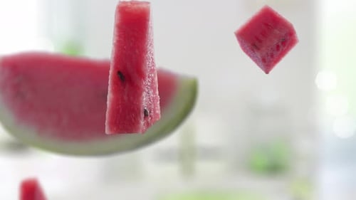 Fresh Watermelon Slices Spinning and Falling Animation