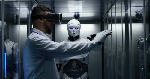 Man Interacts with Humanoid Robot Using Virtual Reality