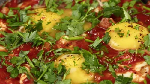 Close up of Delicious Shakshuka Dish with Parsley