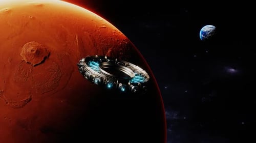 Futuristic Spaceship Orbiting Mars with Distant Earth View