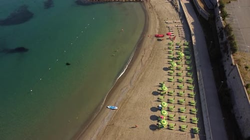 Tropical Summer Sand Sea Beach, Umbrellas and Chairs Aerial View