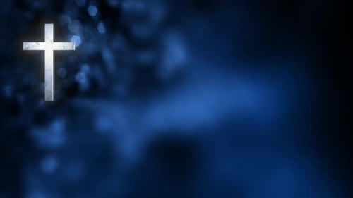 Glowing Cross Religious Background with Blue Particle Lights