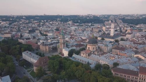 Aerial City Lviv, Ukraine. European City. Popular Areas of the City. Town Hall