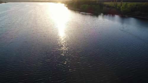 Flying Over the Beautiful Spring River. Aerial Camera Shot. Ukraine