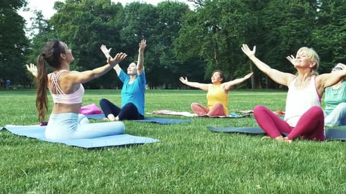 Women Practice Yoga Outdoors in City Park