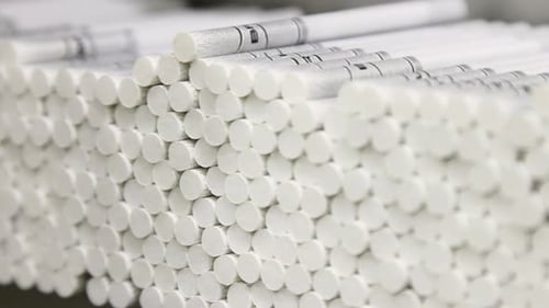 Moving white cigarettes across the conveyor belt