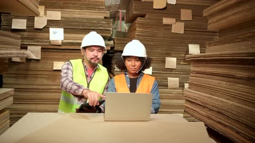 African American Female worker and colleague inspect paper storage warehouse.