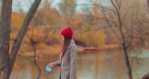 Beautiful Young Woman Walks Along the Path, Walks with a Pet, Little Puppy Pulls the Mistress By the