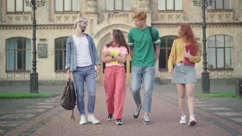 Wide Shot Portrait of Group of Happy University Students Walking and Talking on Campus. Cheerful