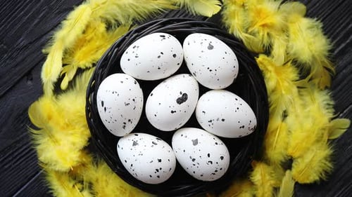 Ganze Hühnereier in einem Nest auf einem schwarzen rustikalen Holzuntergrund. Oster-Symbole