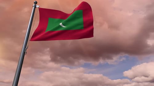 Maldives National Flag Waving With Cloudy Sky