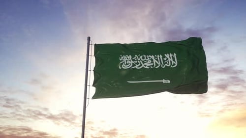 Saudi Arabia Flag Waving Proudly In A Golden Sunset Sky