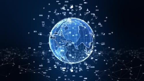 Futuristic Global Network with Data and Communication Icons