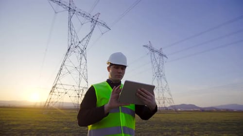Man Using Tablet Near Power Lines At Sunset