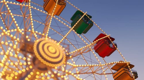 Fun Ferris wheel amusement ride, loopable carousel attraction. Carnival dusk. 4K